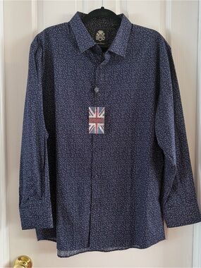 English Laundry Navy and White Micro Dot Long Sleeve Dress Shirt